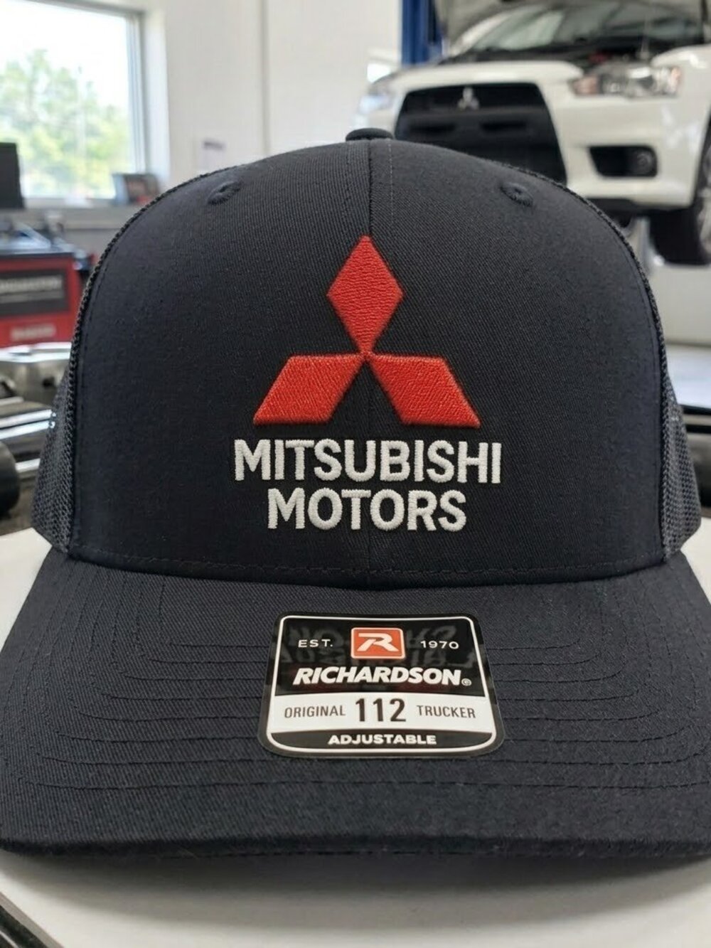Mitsubishi Motors JDM Rally Embroidered Black Richardson 112 Trucker Hat Retro